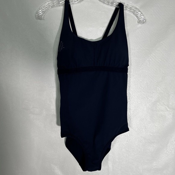 Athleta Adriata Womens Sz S One Piece Swimsuit Navy Blue Woven Panel Round Neck - Picture 4 of 15